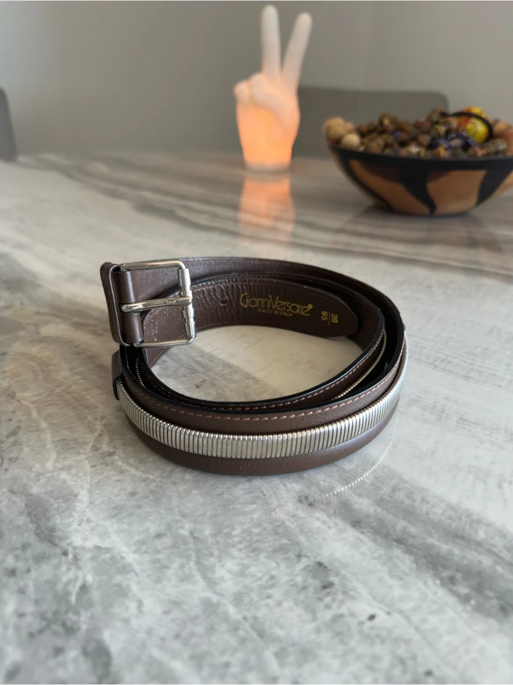 Vintage Gianni Versace Brown Leather Chain Link Overlay Belt